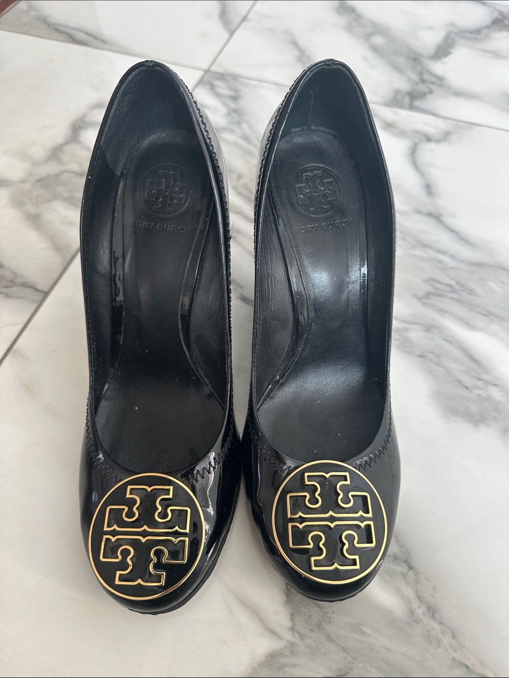 Tory Burch Black Patent Pumps with Gold Logo Medallion